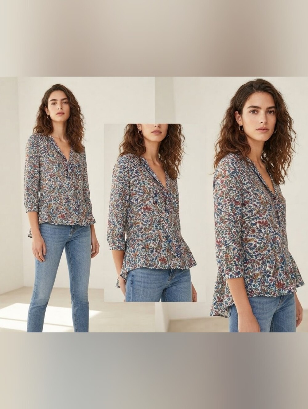 Zara Basic Floral Paisley Peplum Blouse Top Gold Buttons XS